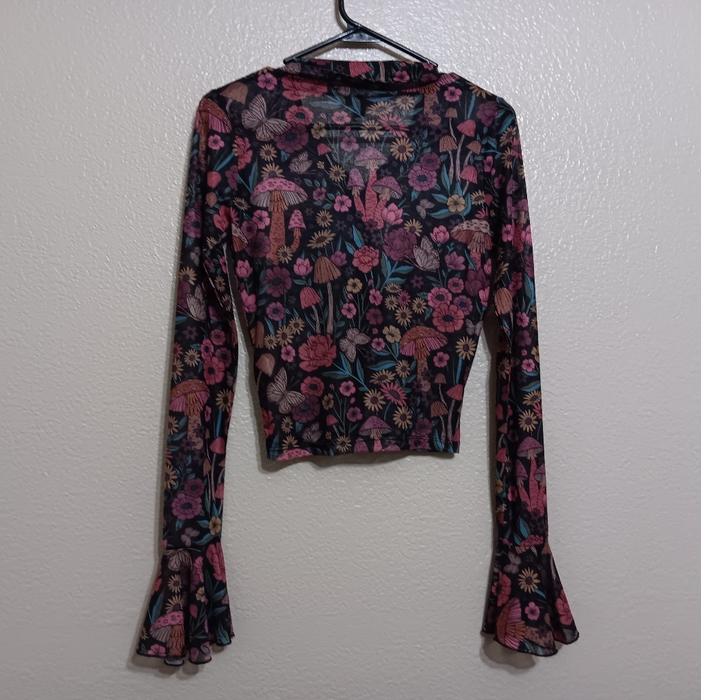 Current Mood Dolls Kill Black Floral Mushroom Mesh Crop Top - Picture 3 of 4